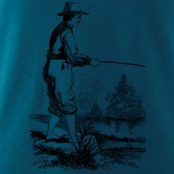 Kreslený rybář s vytaženými kalhotami