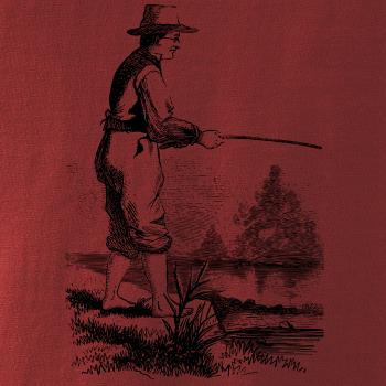 Kreslený rybář s vytaženými kalhotami