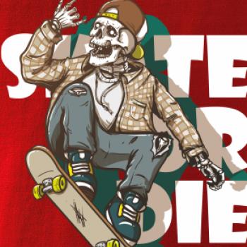 Skull riding skateboard