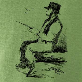 Kreslený pán s kloboukem na rybách