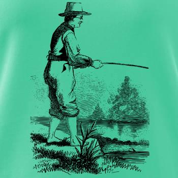 Kreslený rybář s vytaženými kalhotami