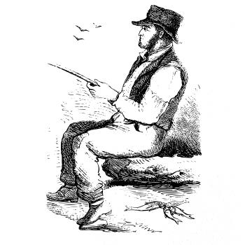 Kreslený pán s kloboukem na rybách