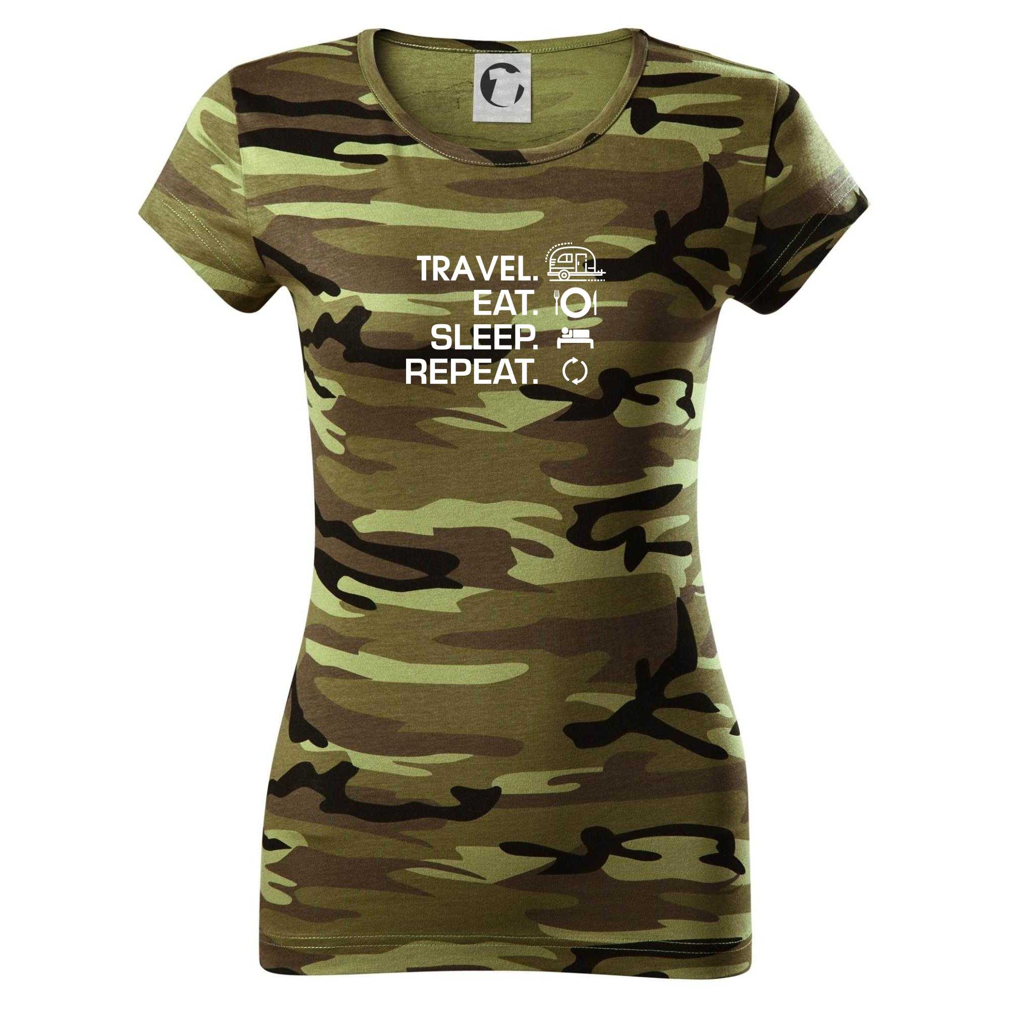 Eat sleep travel - Malý přívěs - Dámské maskáčové triko