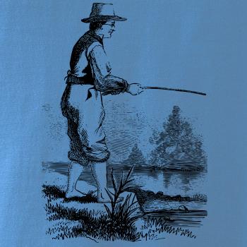 Kreslený rybář s vytaženými kalhotami