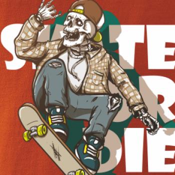 Skull riding skateboard