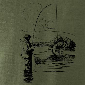 Kreslený rybář s podběrákem