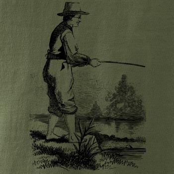 Kreslený rybář s vytaženými kalhotami