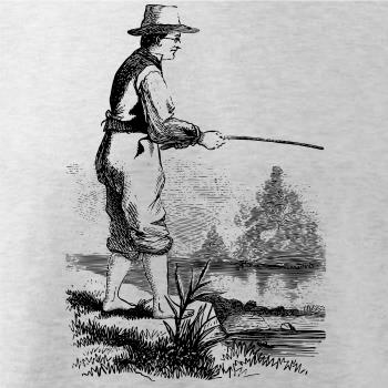 Kreslený rybář s vytaženými kalhotami