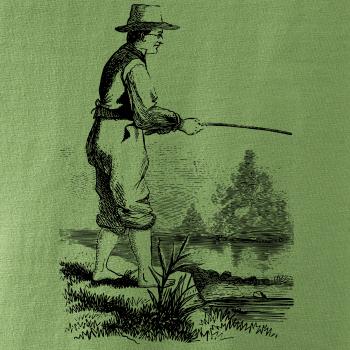 Kreslený rybář s vytaženými kalhotami