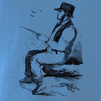 Kreslený pán s kloboukem na rybách