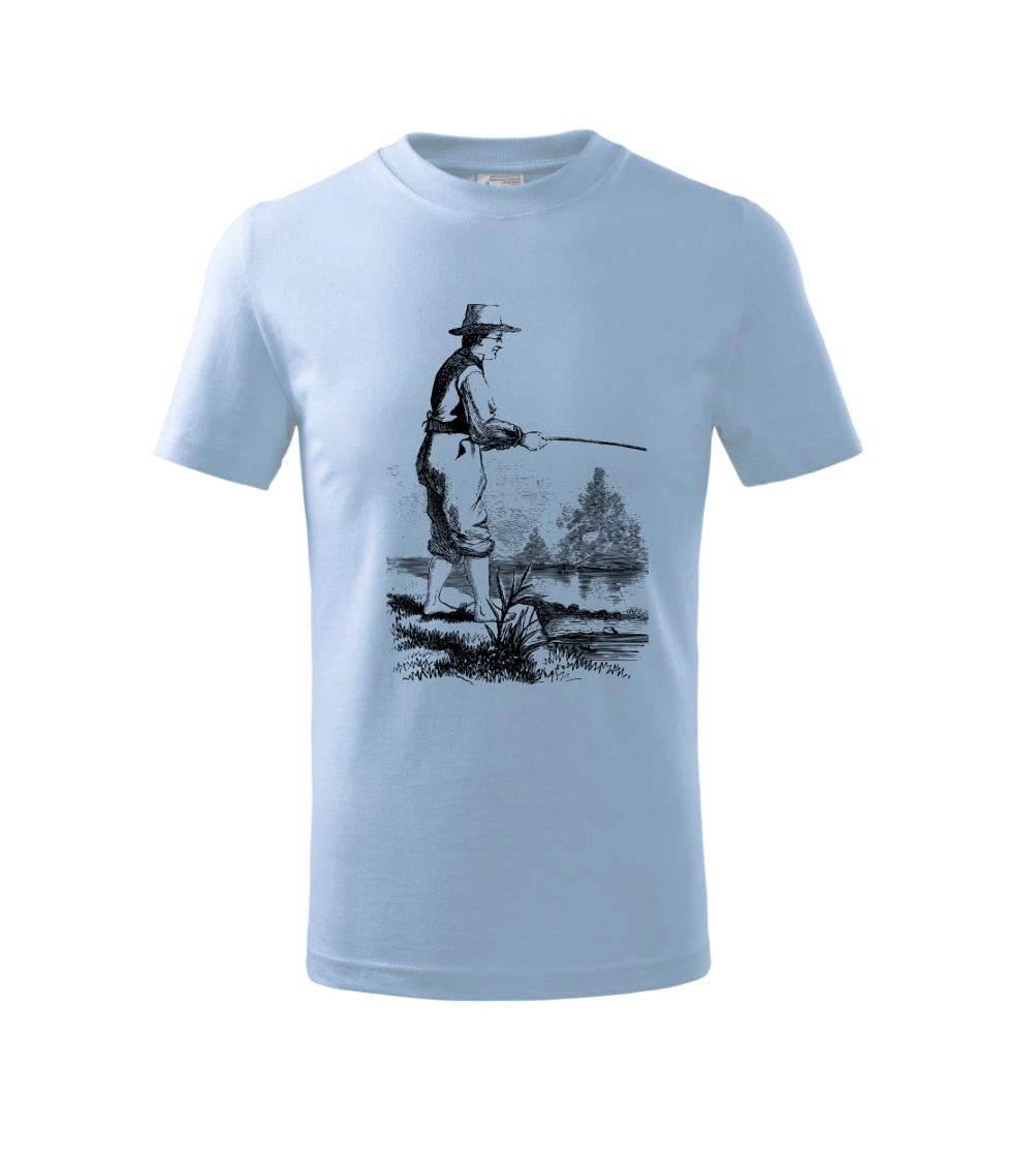 Kreslený rybář s vytaženými kalhotami