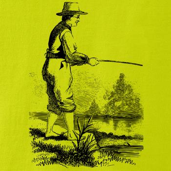 Kreslený rybář s vytaženými kalhotami