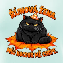 Říjnová žena mrzutý černý kocour na javorovém listu