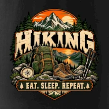 Turistický batoh v horách eat sleep repeat