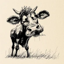 Černobílá karikatura kráva stojící