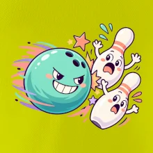 Bowling vtipná koule honí vystrašené kuželky