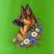 Německý ovčák s květinami - přírodní portrét