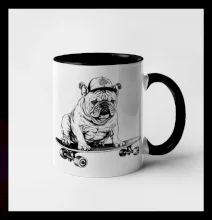 Černobílý buldok na skateboardu