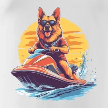 Německý ovčák na vodním skútru