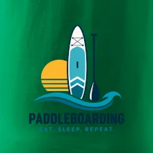 Paddleboard s pádlem při západu slunce eat sleep repeat
