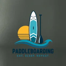 Paddleboard s pádlem při západu slunce eat sleep repeat