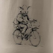 Kráva v obleku na kole