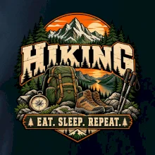 Turistický batoh v horách eat sleep repeat