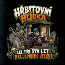 Hřbitovní hlídka kostlivec vrátný s pivem