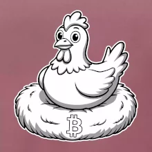 Kuře sedící na bitcoinovém hnízdě