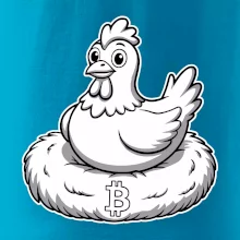 Kuře sedící na bitcoinovém hnízdě