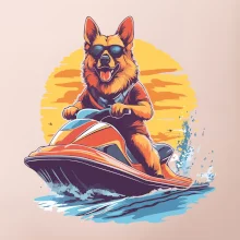 Německý ovčák na vodním skútru