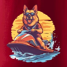 Německý ovčák na vodním skútru