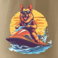 Německý ovčák na vodním skútru