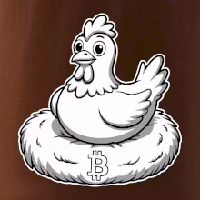 Kuře sedící na bitcoinovém hnízdě