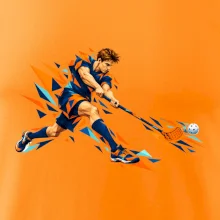 Florbalový útočník v oranžových polygonech