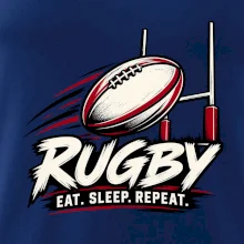 Ragbyový míč mezi brankovými tyčemi eat sleep repeat