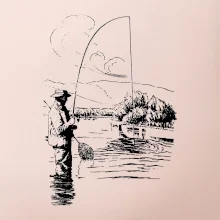 Kreslený rybář s podběrákem