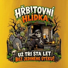 Hřbitovní hlídka kostlivec vrátný s pivem