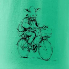 Kráva v obleku na kole