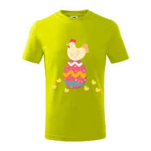 Slepice sedící na velikonočním vejci