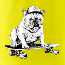 Černobílý buldok na skateboardu