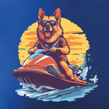 Německý ovčák na vodním skútru