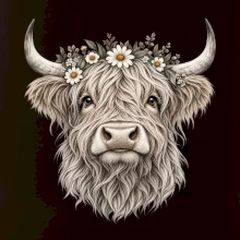 Highlandská kráva s květinami
