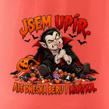 Unavený upír s hromadou sladkostí a lízátkem