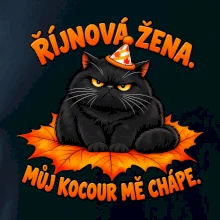 Říjnová žena mrzutý černý kocour na javorovém listu