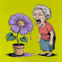 Stará paní plive na fialu