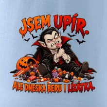 Unavený upír s hromadou sladkostí a lízátkem