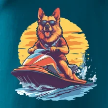 Německý ovčák na vodním skútru