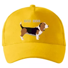 Basset hound pes s nápisem