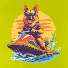 Německý ovčák na vodním skútru